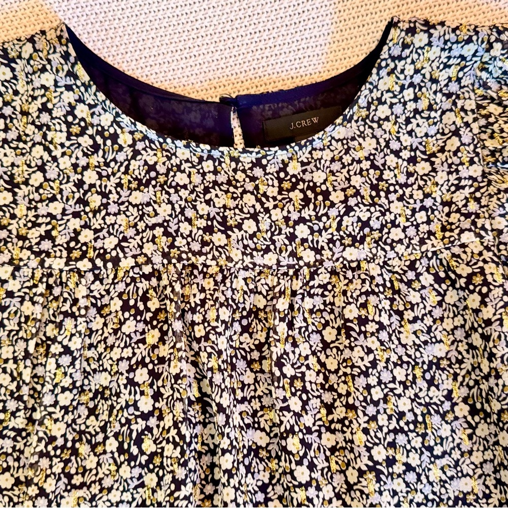 J. CREW Chiffon Silk Gold Metallic Black & White Blouse Floral Top - Picture 4 of 16